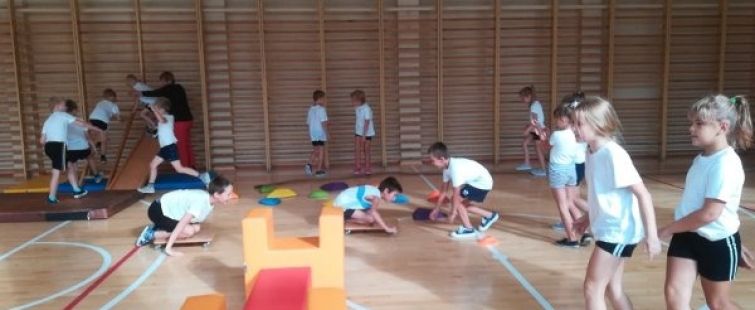 Powiększ obraz: Uczniowie podczas zajęć na sali gimnastycznej