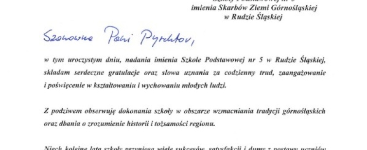 Powiększ obraz: List gratulacyjny od Radnej Sejmiku Województwa Śląskiego