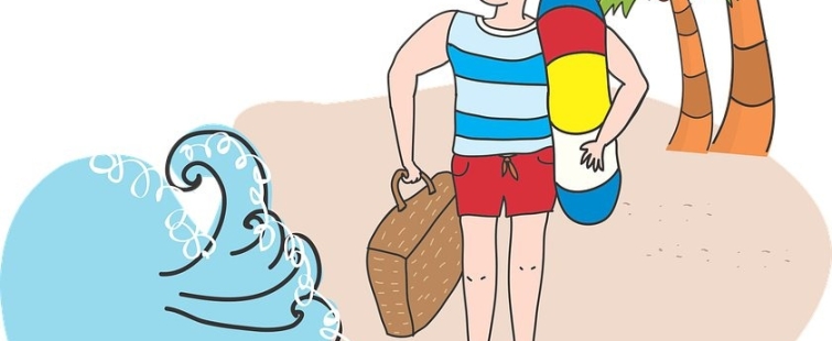 Powiększ obraz: Grafika z chłopcem idącym nad wodę z ręcznikiem i piłką